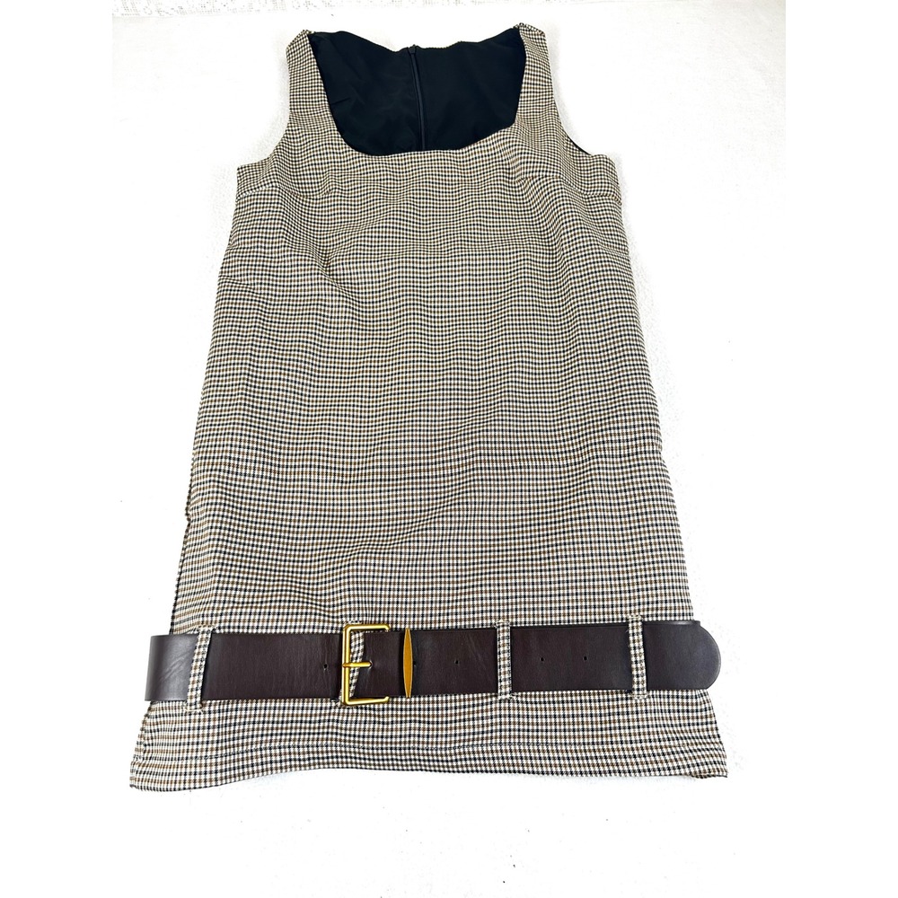 Missguided Womens XS Houndstooth Mini Dress Brown Belted Hem Mod Square Neck